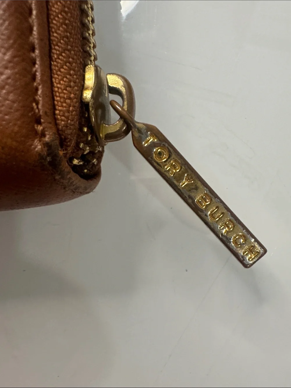 Tory Burch Chestnut Brown Saffiano Zip Wallet with Gold Logo